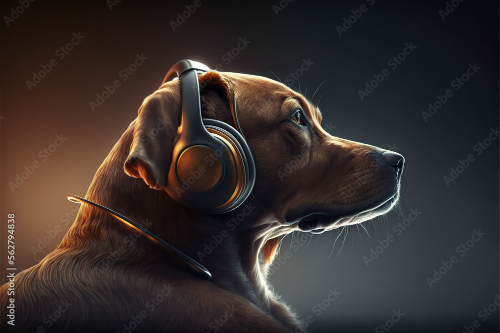 A dog with headphones, listening music, AI