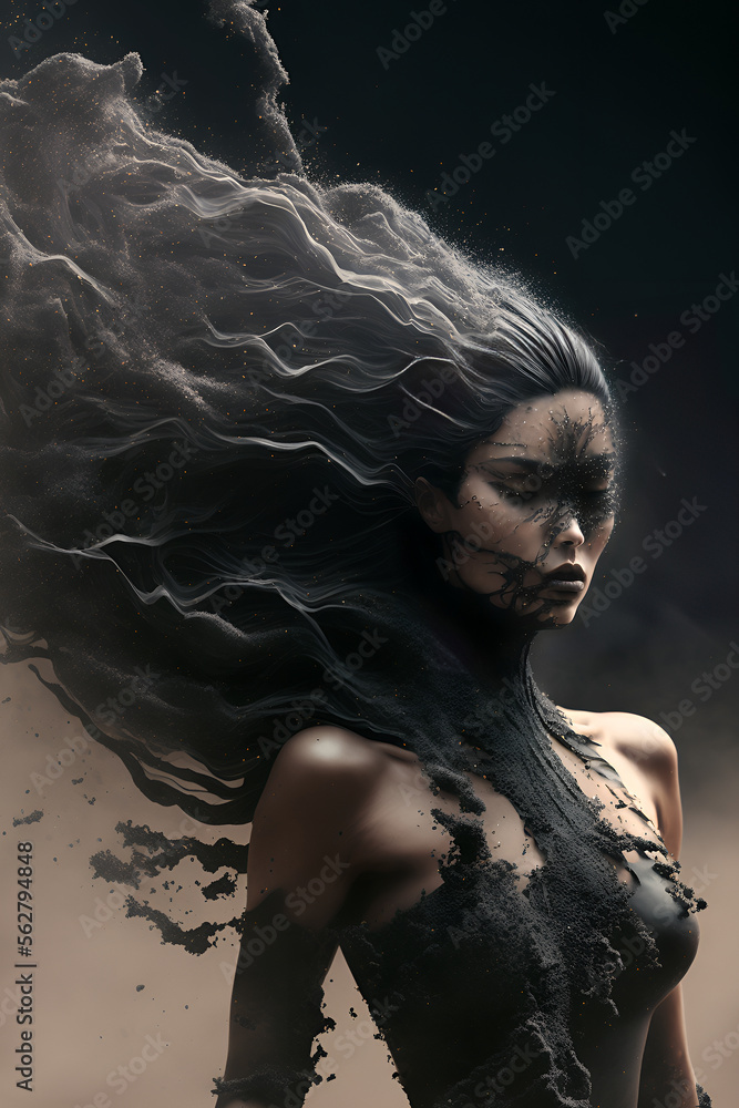 fantasy black woman dissolving in black sand in the desert ,surreal, transformation, Generative AI
