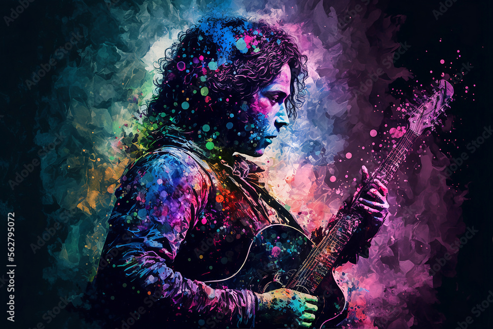 Abstract image of a Musician playing guitar with rainbow energy in a mist all around, Generative AI, is not based on any original image, character or person	