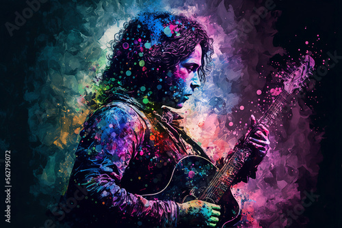 Abstract image of a Musician playing guitar with rainbow energy in a mist all around, Generative AI, is not based on any original image, character or person 