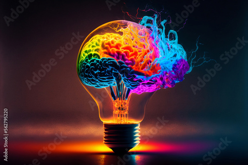 Lightbulb Brain eureka moment with Impactful and inspiring artistic colourful explosion of energy. Generative AI, this image is not based on any original image, character or person.	
 photo