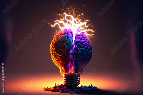 Lightbulb Brain eureka moment with Impactful and inspiring artistic colourful explosion of energy. Generative AI, this image is not based on any original image, character or person.	
 photo