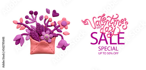 Set various flowers, leaves, herbs in a plasticine envelope. Pink and lilac plasticine clay 3D illustration isolated on white background, cute dough shape. St. Valentine's Day sale