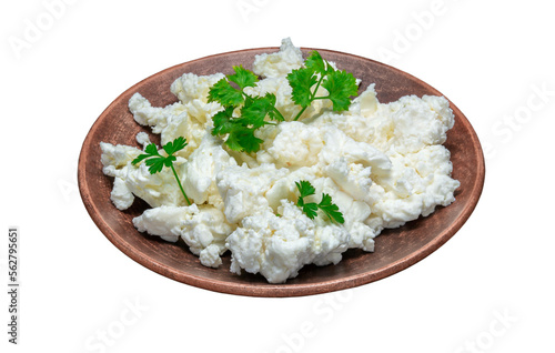 bowl with homemade cottage cheese on a white background.