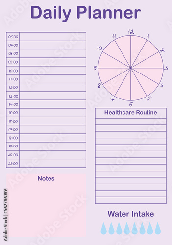 Daily planner page in purple pastel colors. Event and budget planner template. Schedule, planning, appointment, healthcare routine, notes. Vector illustration of diary. Time management concept