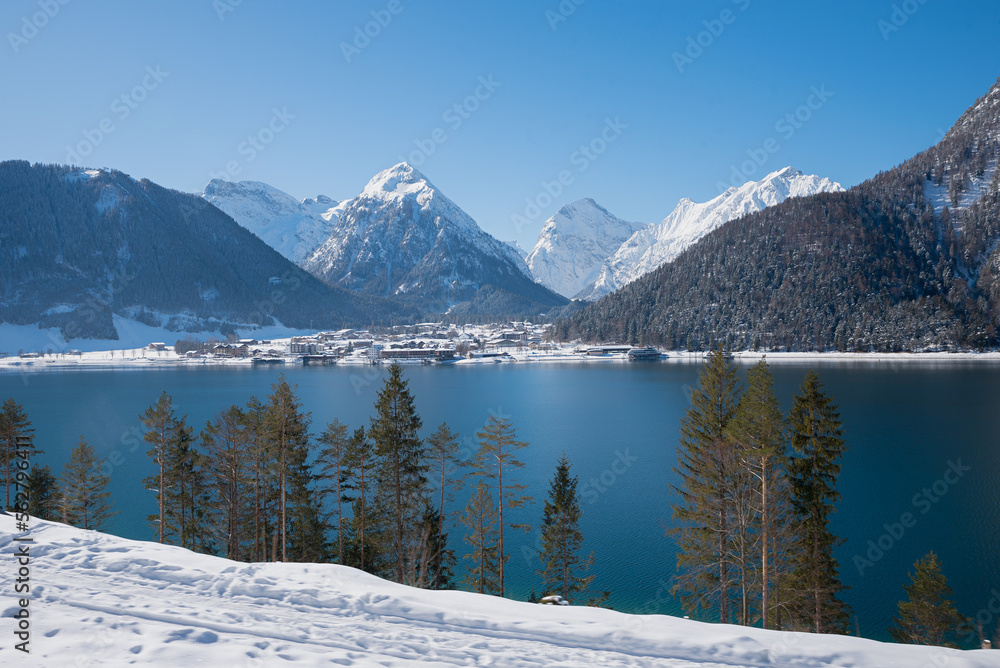 tourist resort Pertisau in winter. view from the opposite site. lake Achensee austria