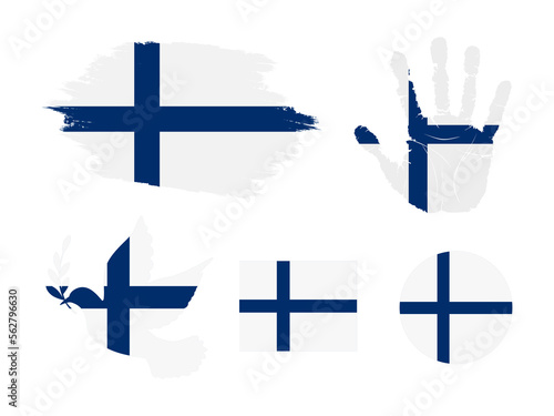 Finland flag set, flag of Finland collection. Flag in grunge, Dove, Handprint, square and round shape. vector illustration