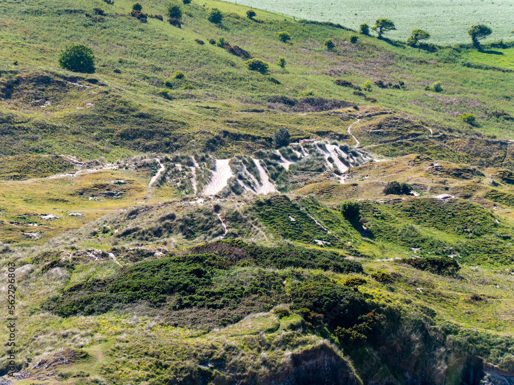 Picturesque dunes with shrubs and hills in the south of Ireland on a sunny spring day. North European seaside landscape. Nature of Ireland. Picturesque dunes with shrubs and hills in the south of Ireland on a sunny spring day. North European seaside landscape. Nature of Ireland.