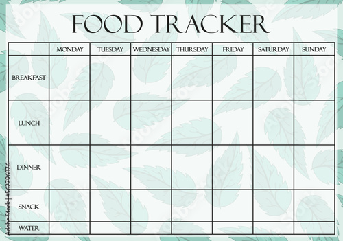 Food tracker page on pastel mint leaves background. Weekly planner template, meals, breakfast, lunch, dinner, snack, water intake, counting calories. Proper nutrition concept. Vector illustration