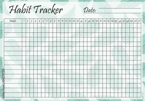 Habit tracker template on pastel mint leaves background. Monthly planner page. Event, inculcate habits, schedule, improve yourself, self development, awareness. Time management. Vector illustration