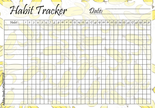 Habit tracker template on pastel banana background. Monthly planner page. Event, inculcate habits, schedule, improve yourself, self development, awareness. Time management. Vector illustration