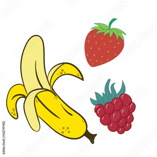 Peeled banana, raspberry and strawberry vector illustration. Juicy ripe fruits on white background. Berry, vegetarian, sweet, proper nutrition, dessert. Floral ornament. Fruit concept