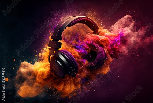 Fotografie, Obraz illustration of Headphones between color explosion, generative AI