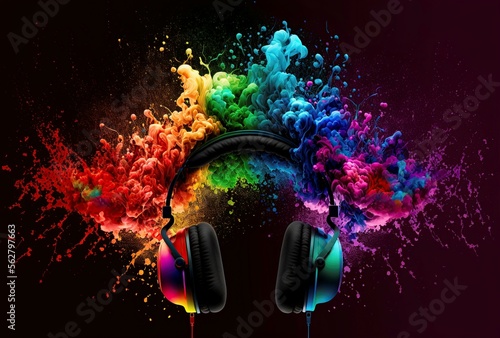 illustration of Headphones between color explosion, generative AI