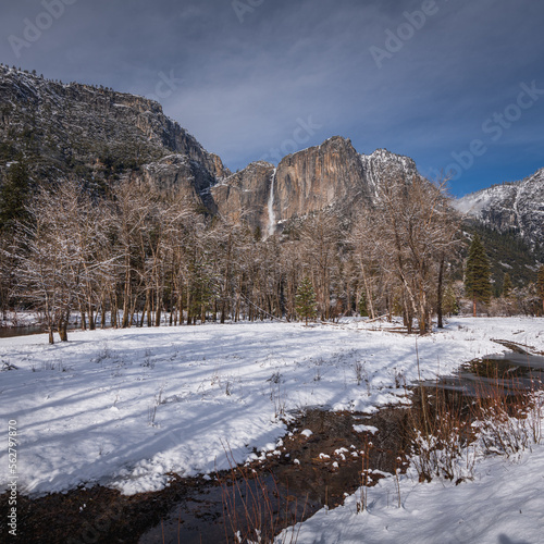 Landscape with snow covered mountains and yosemite falls