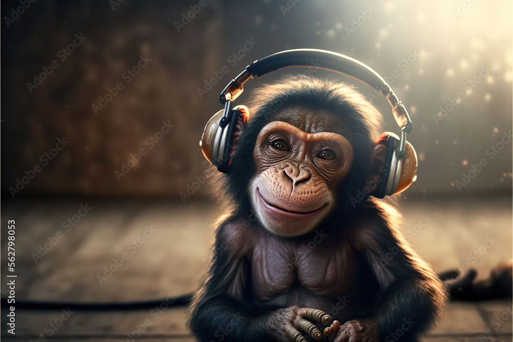 A happy baby monkey with headphones, listening music Stock Illustration |  Adobe Stock