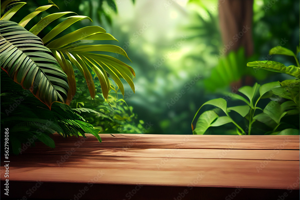 Wooden floor podium in tropical forest, green wall on the background, Generated ai Wooden floor podium in tropical forest, green wall on the background, Generated ai