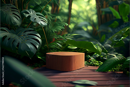 Wooden floor podium in tropical forest, green wall on the background, Generated ai