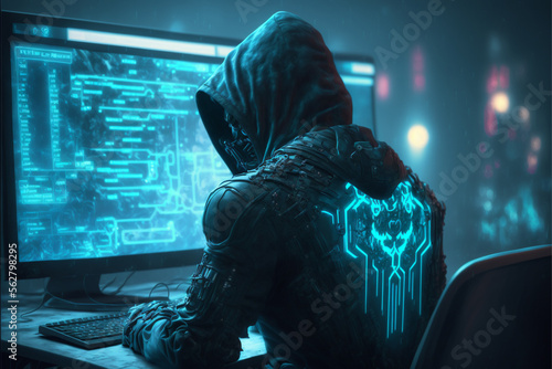 Dangerous Hooded Hacker Breaks into Government Data Servers and Infects Their System with a Virus. His Hideout Place has Dark Atmosphere, Multiple Displays, Cables Everywhere, Generated ai