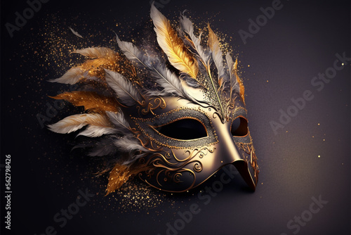 Realistic luxury carnival mask with feathers gold dust and light effects, Generated ai