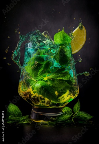 alcoholic cocktail with mint and lemon, splash of water on a dark background