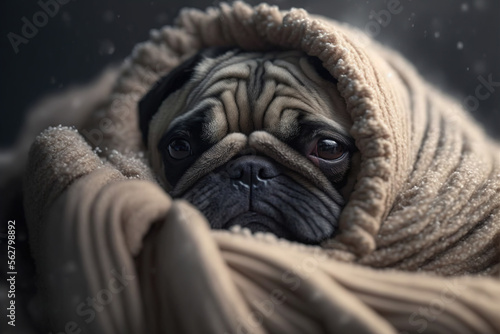 Cute pug under blanket. AI