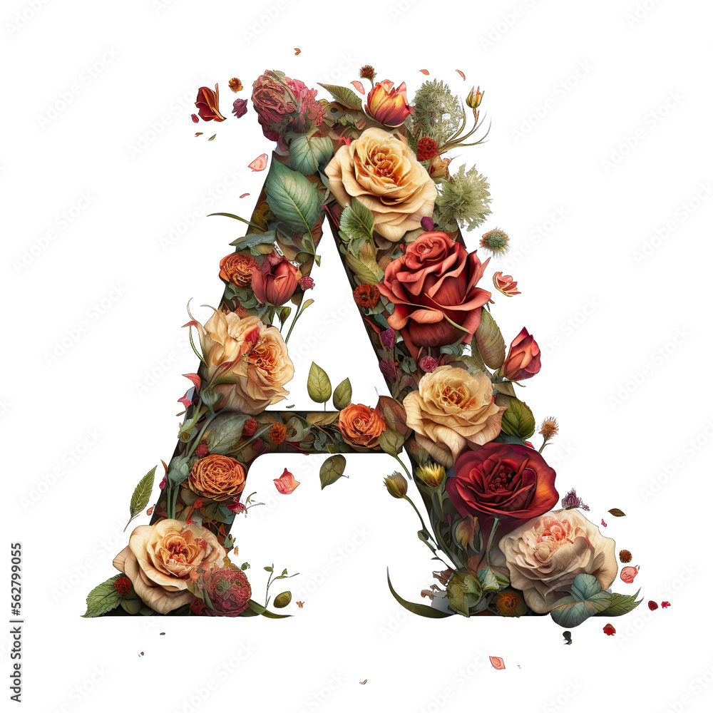 Isolated letter A made from roses, garden flower capital letter A, generative ai, floral alphabet letter A with transparent background