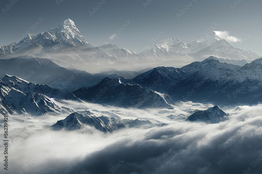 Winter landscape with mountain peaks in clouds. AI