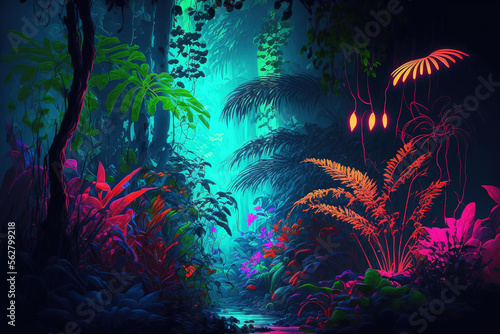 Fototapeta Naklejka Na Ścianę i Meble -  Night tropical jungle background. Atmospheric colorful rainforest. AI	