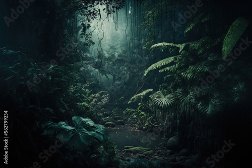 Night tropical jungle background. Atmospheric rainforest. AI	