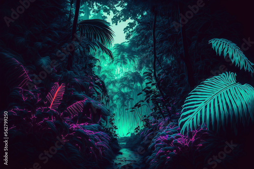 Fototapeta Naklejka Na Ścianę i Meble -  Night tropical jungle background. Atmospheric colorful rainforest. AI	