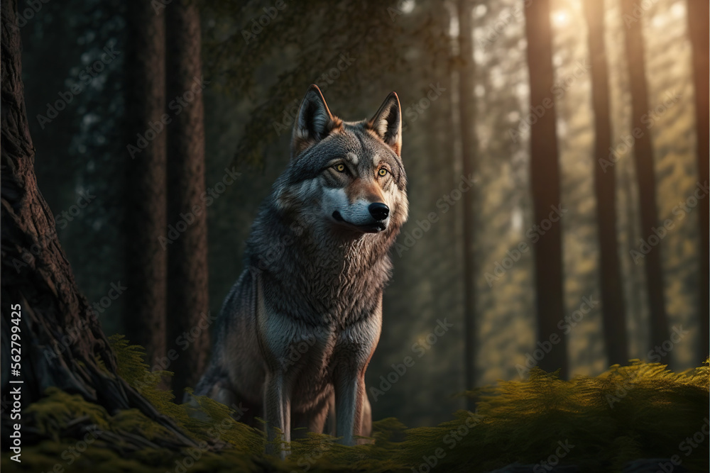Obraz premium A wolf on forest mountain looking at the horizon