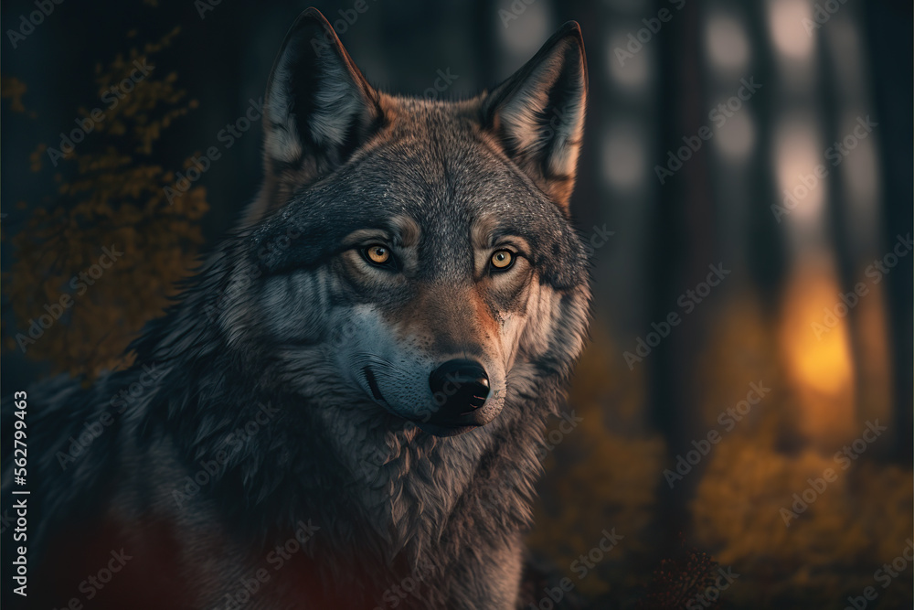 A wolf on forest mountain looking at the horizon A wolf on forest mountain looking at the horizon