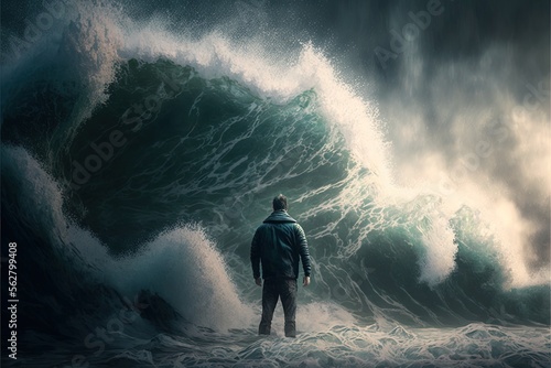 Disheartened Man Standing in the Midst of Turbulent Crashing Waves. Generative ai