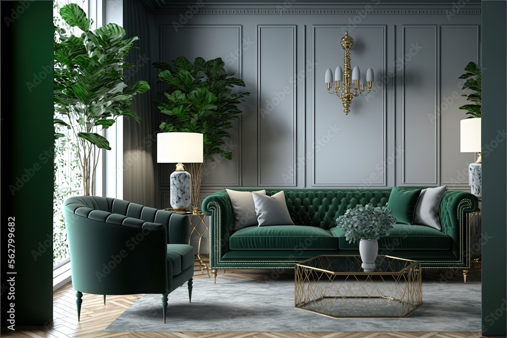 Luxurious modern evergreen living interior design. generative ai - obrazy, fototapety, plakaty 