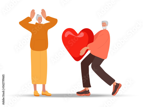 St. Valentine's Day. Elderly man confesses his love to elderly woman. Woman raised her hands in surprise. Smiling people with Symbol of love. Flat vector illustration. Greeting card for holiday
