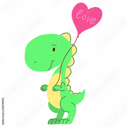 An illustration of a dinosaur in green color with a cartoon heart shaped balloon.