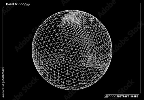 Abstract 3d wireframe shape or basic element with open edge. Science and technology geometric abstraction with deformed shape. © swillklitch