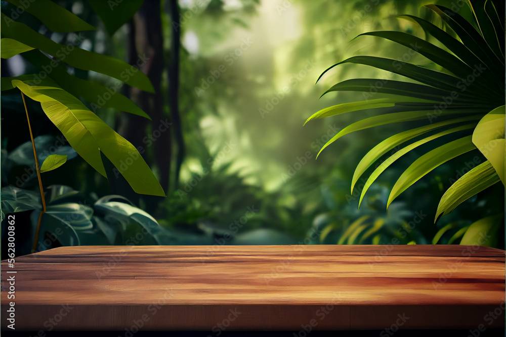 Wooden floor podium in tropical forest, green wall on the background, Generated ai Wooden floor podium in tropical forest, green wall on the background, Generated ai