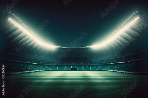 Cinematic night time empty soccer playground with fully crowded excited fans sitting on chairs, generative ai