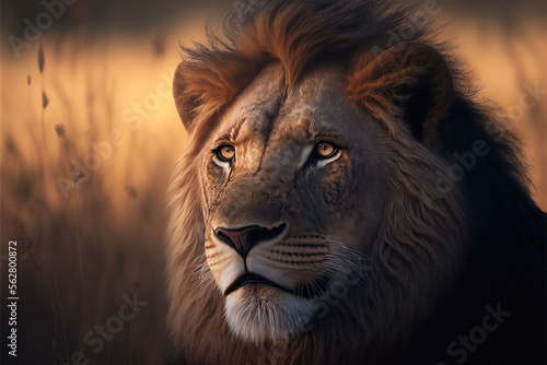 Lion portrait on savanna looking at camera, AI © DarkKnight
