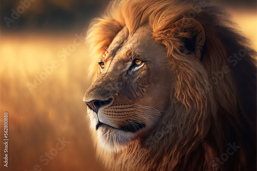 Lion portrait on savanna looking at camera  AI