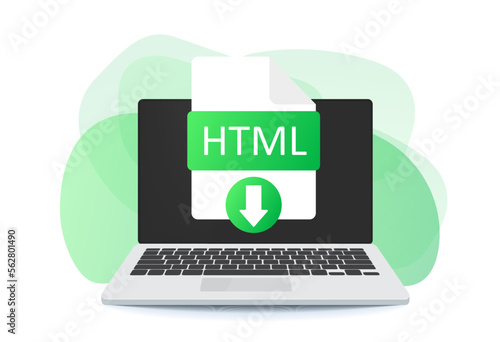 Download HTML button on laptop screen. Downloading document concept. HTML label and down arrow sign. Vector stock illustration.
