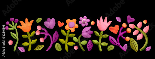 border various flowers, leaves, herbs and plasticine hearts. Colored plasticine clay 3D illustration on black background, cute dough shape