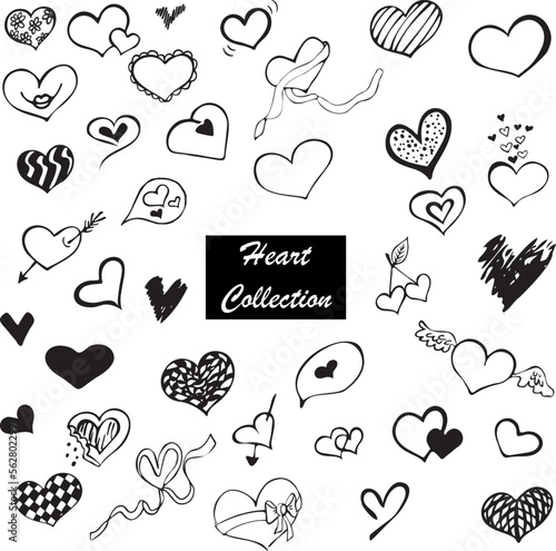 Love Hearts Doodle Set in Black and White Colors. Vector Illustration.