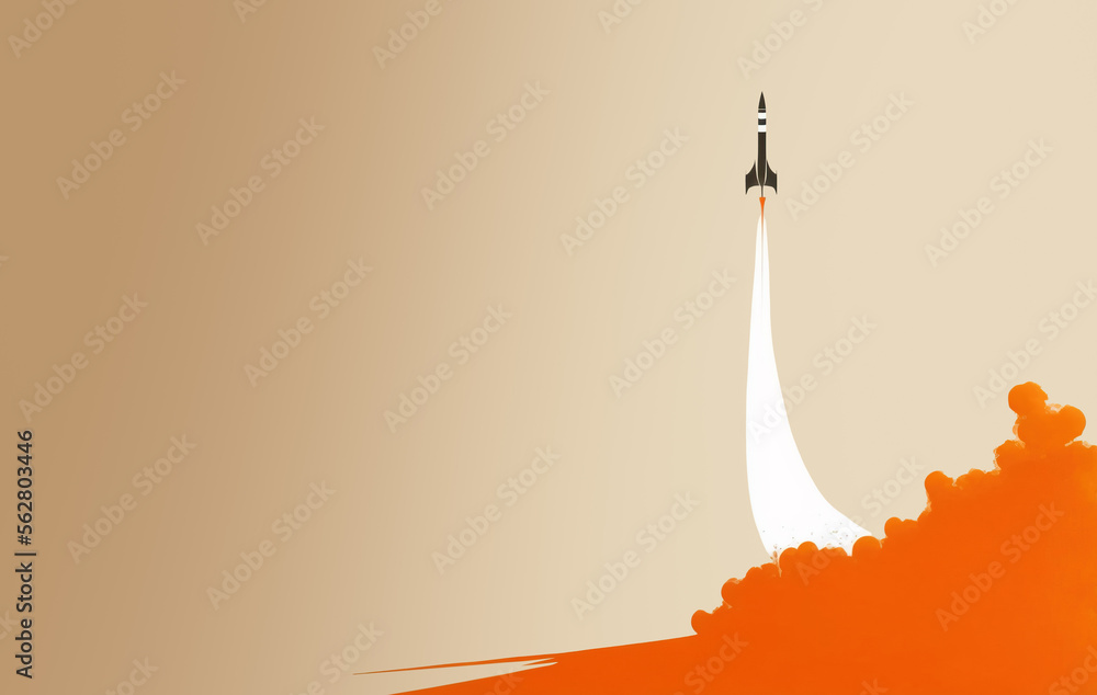 Minimalist business launch pad, idea take off concept, with rocket ship flying away, Generative AI illustration Minimalist business launch pad, idea take off concept, with rocket ship flying away, Generative AI illustration