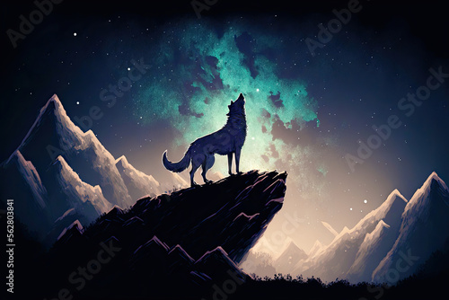 A Wolf On A Rock Is Howling To The Sky. Generative AI © Digitale Wanderlust