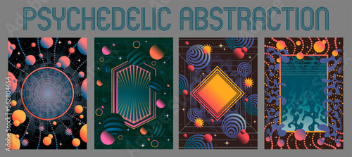 Psychedelic Style Abstract Geometric Posters. 1980s Retro Design Backgrounds Set