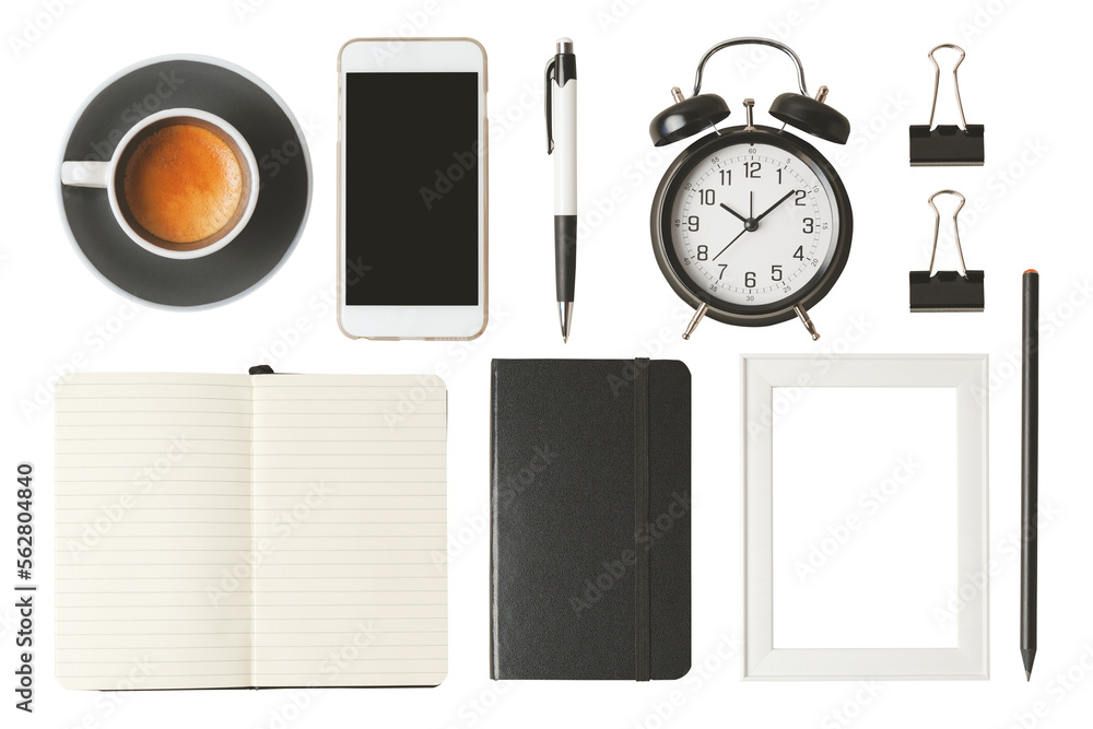 Office desk objects isolated on transparent background.  Top view, flat lay