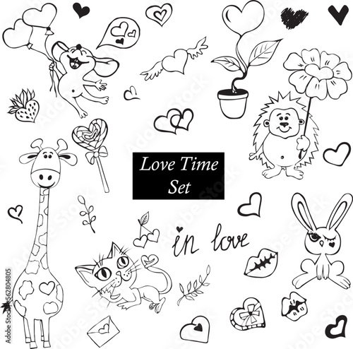Love Animals Doddle Set in Black and White Colors. Vector Illustration.
